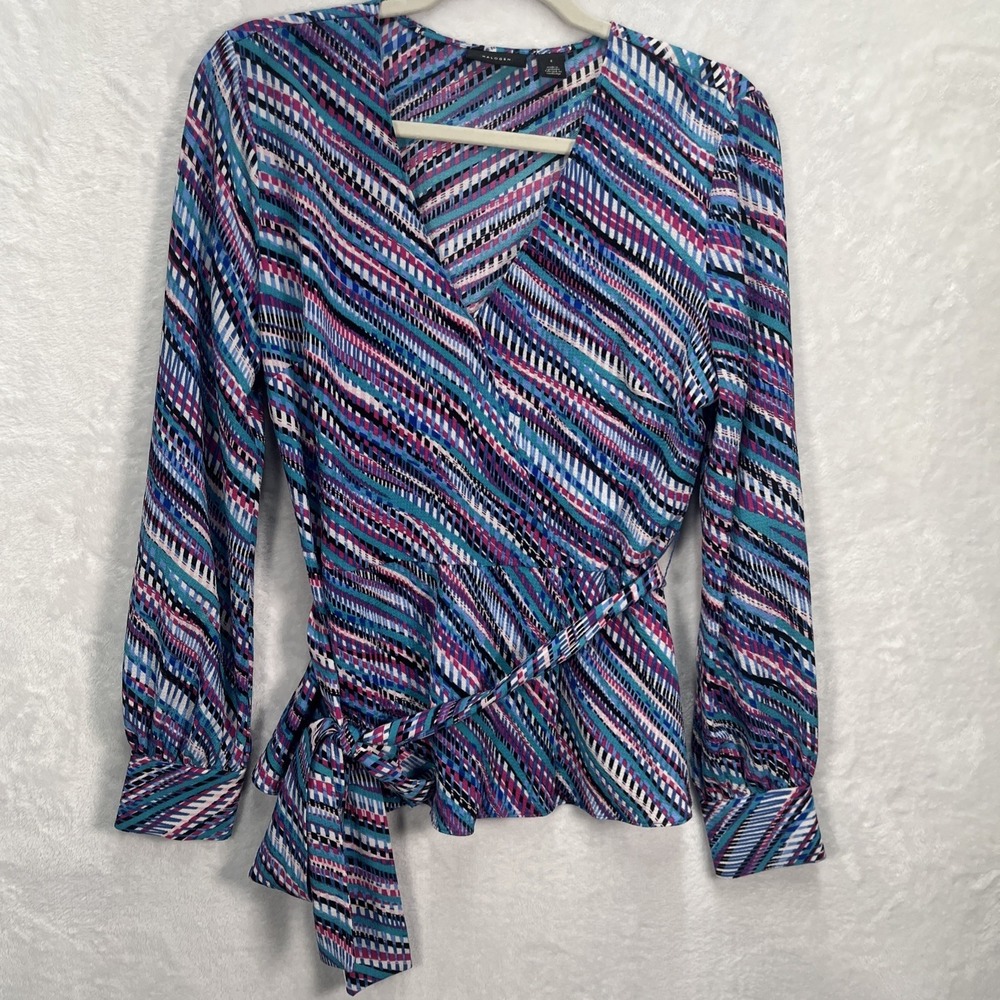 Halogen Belted Vneck Blouse Women's Small Artsy Colorful‎ Work Career